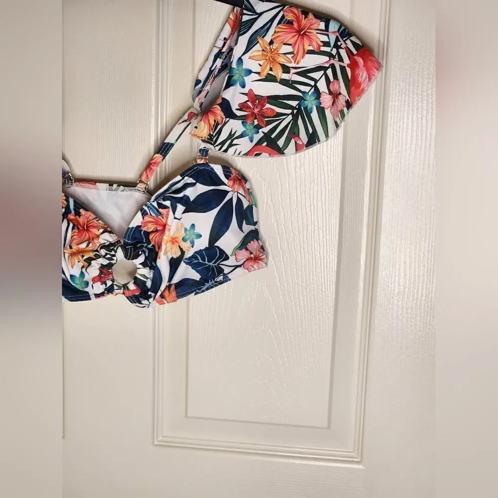 Shein L White Floral Print Top Women's Bikini  Swimsuit